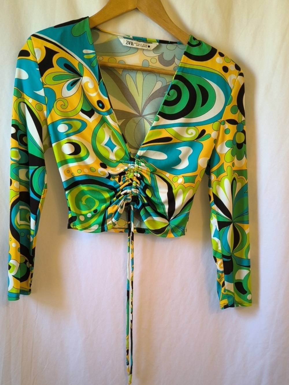 Zara Yellow Green Teal Abstract Ruched V-Neck Crop Top